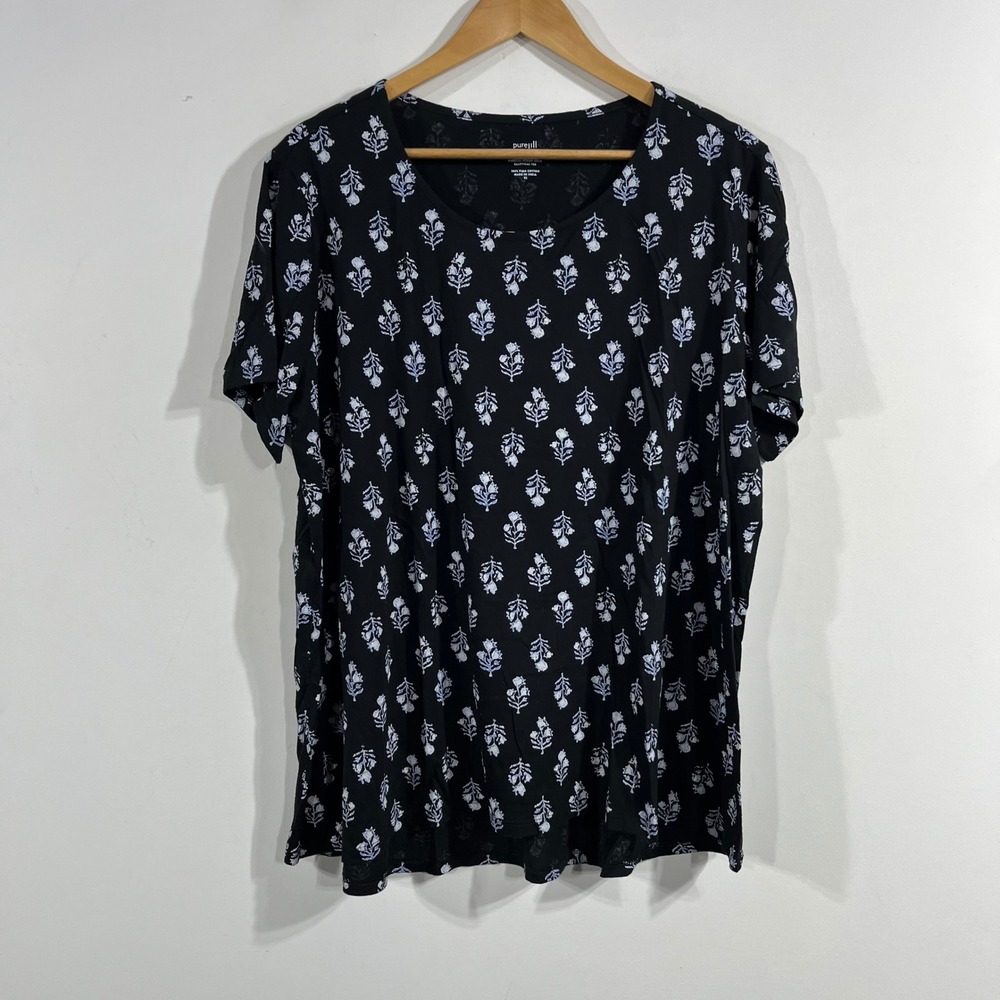 J. Jill Pure Jill Artsy Black Floral Pima Cotton Scoop Neck Elliptical Tee XL